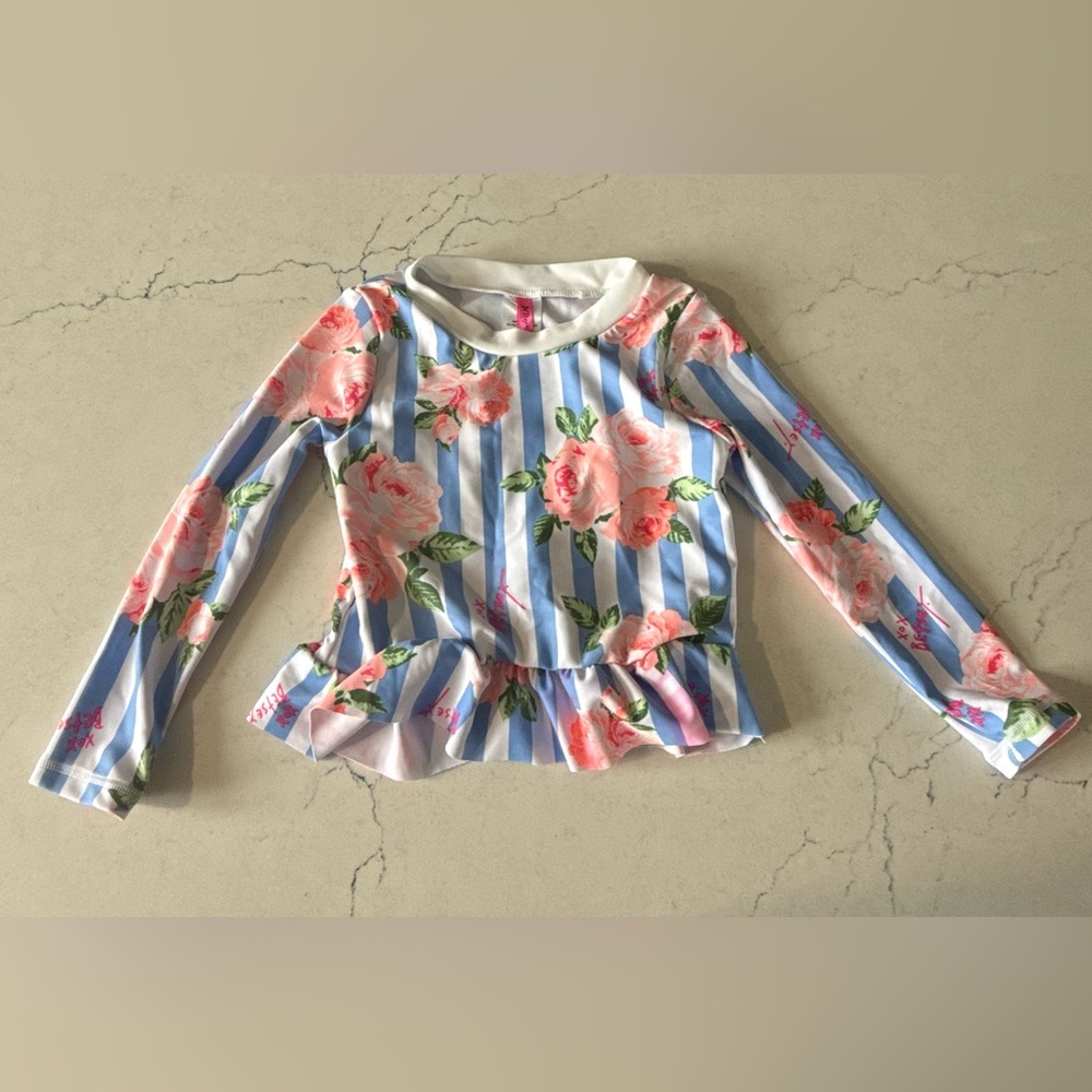 Betsey Johnson Girls 3T Blue & White Stripe Floral Long Sleeve Swim Top